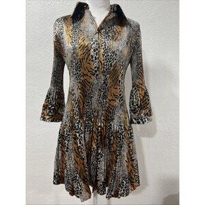 Lindi Dress Animal Print Pleated 3/4 Bell Sleeves Metallic Mini Boho Women's M